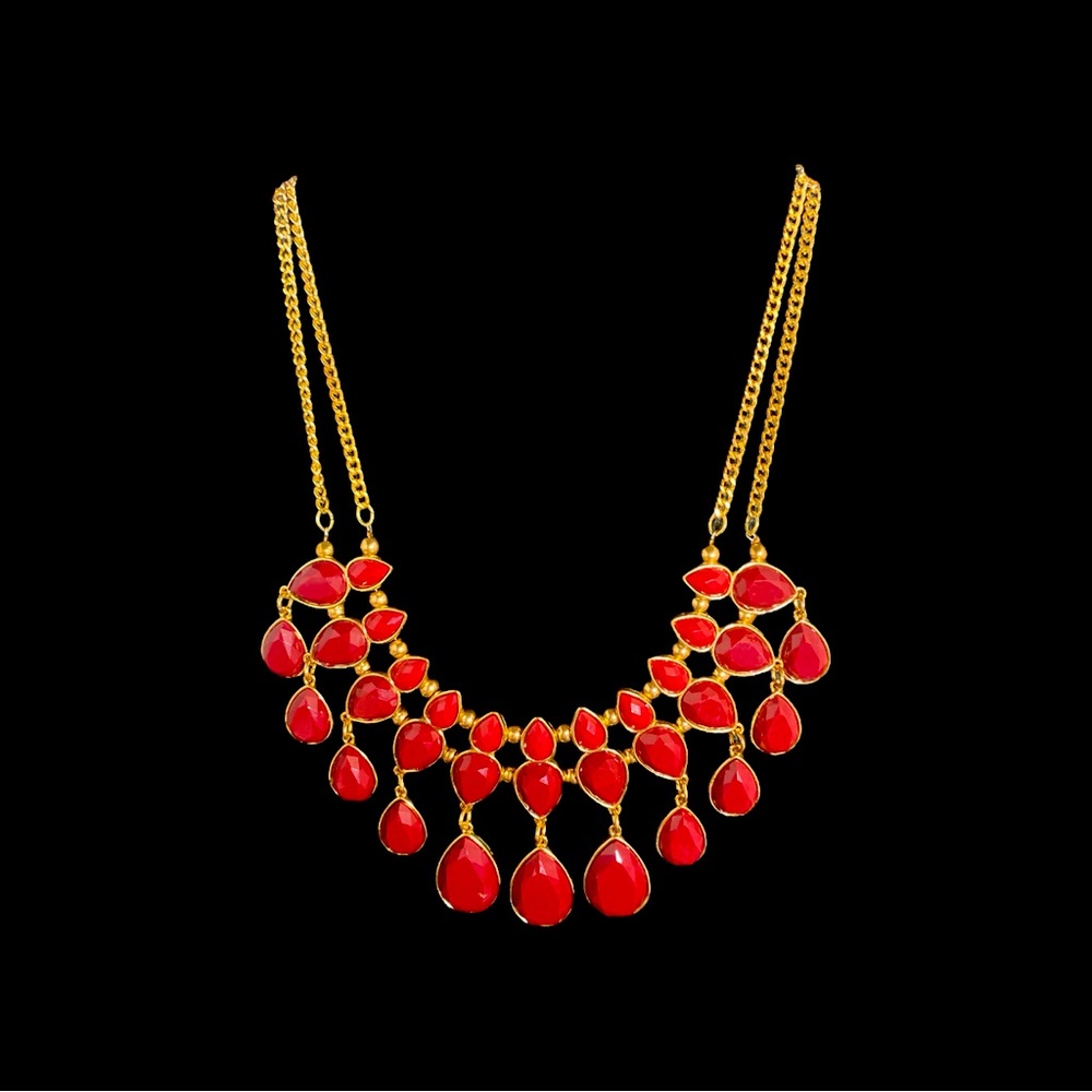 Vibrant Red Raisin Bib Necklace Double Gold Chain.Perfect Condition